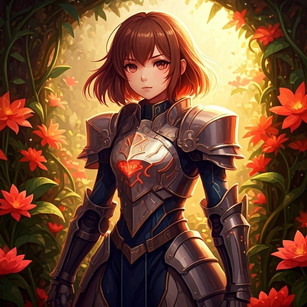 Anime Heroine in Metallic Armor Amidst Floral Bloom