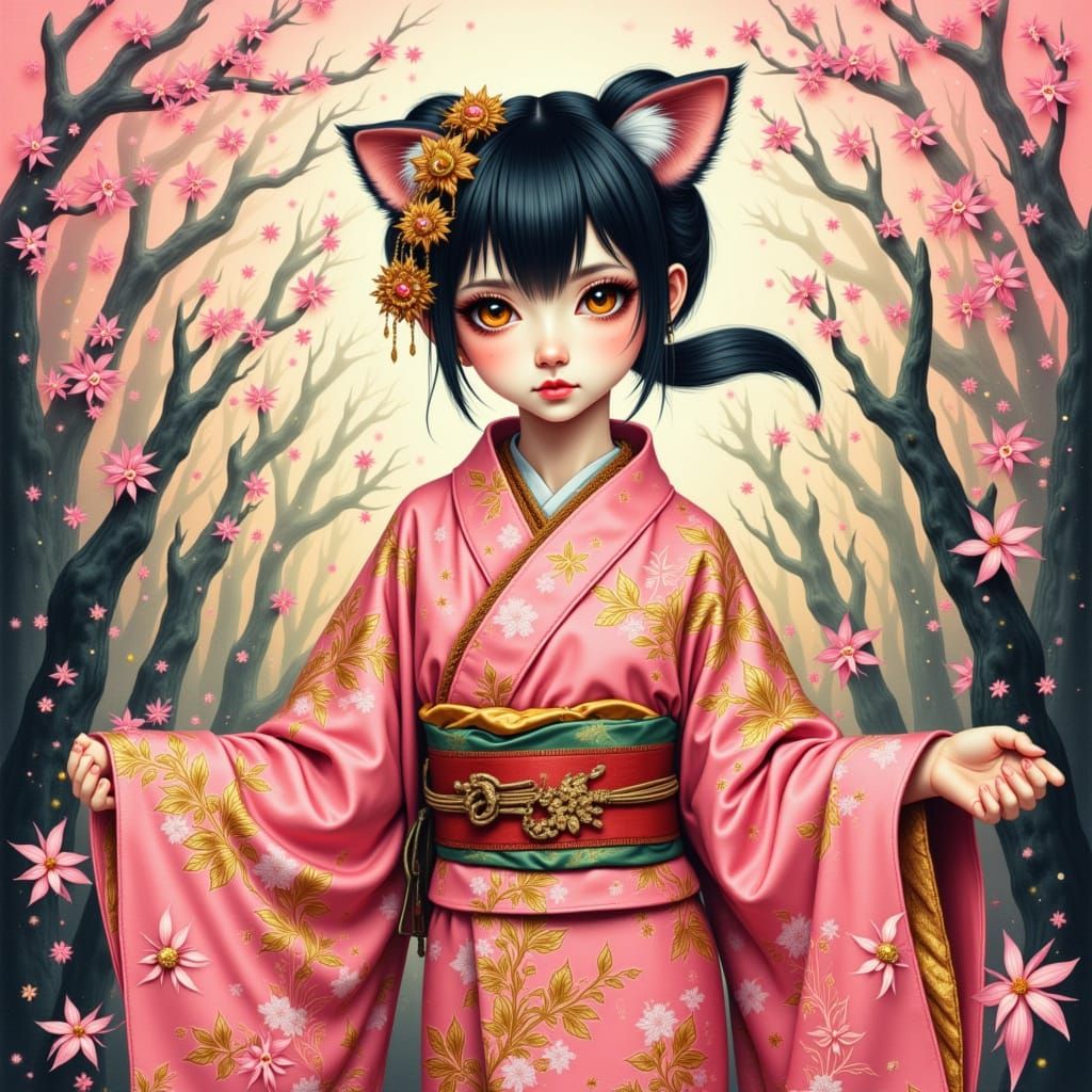 <lora:Fantasm:1.0> Kaiwii cat girl in elaborate kimono