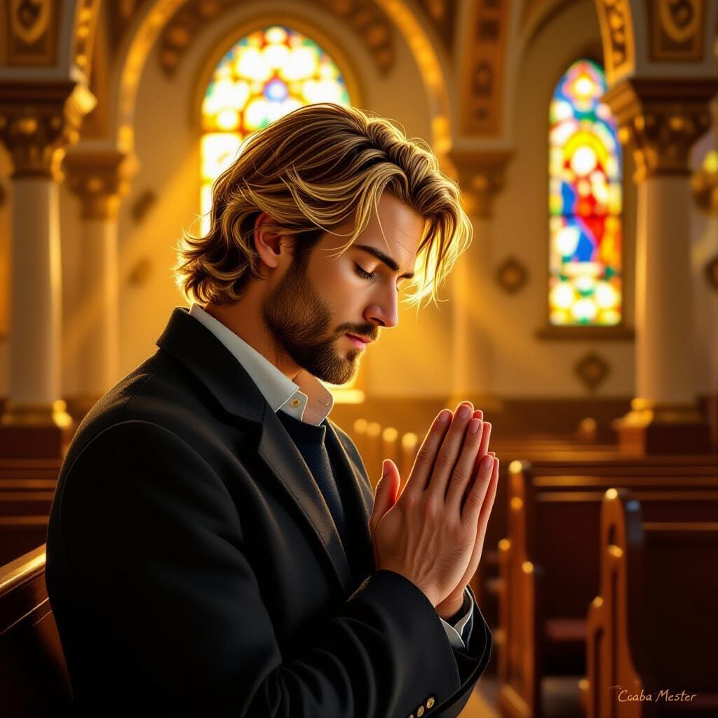 Devout Blond Man Praying in Synagogue, Rockwell Style