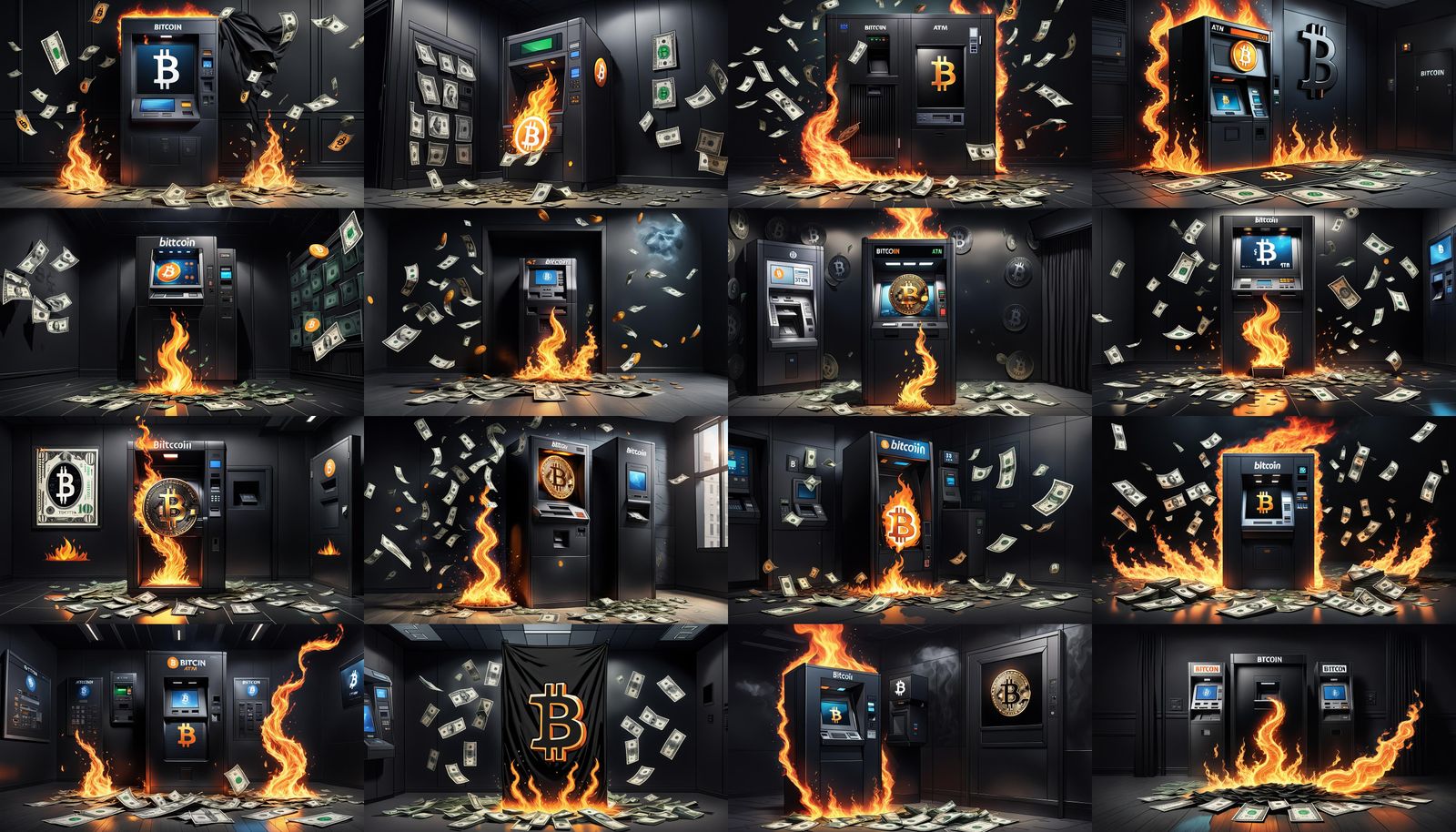 A black bitcoin atm Flaming Dollars fall from above to the f...