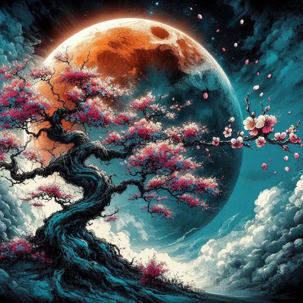 Cerisier, lune orange et bleue