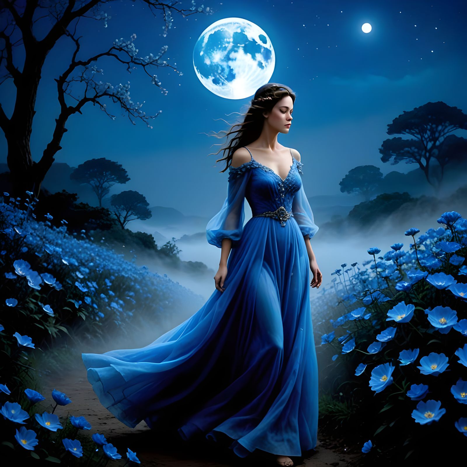 
She walks through the mist and  flowers in a gown of blue.    by @Bob Z