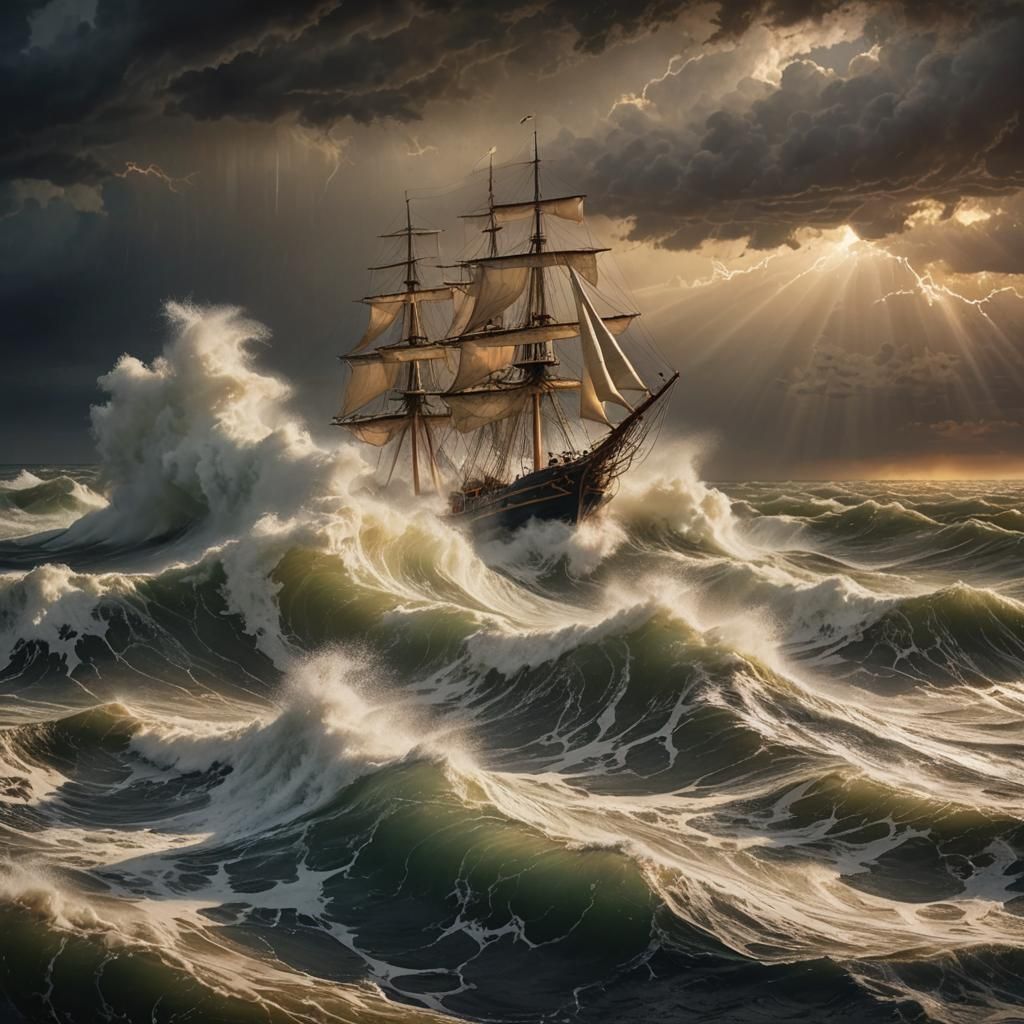 Killer storm at sea, sailing ship