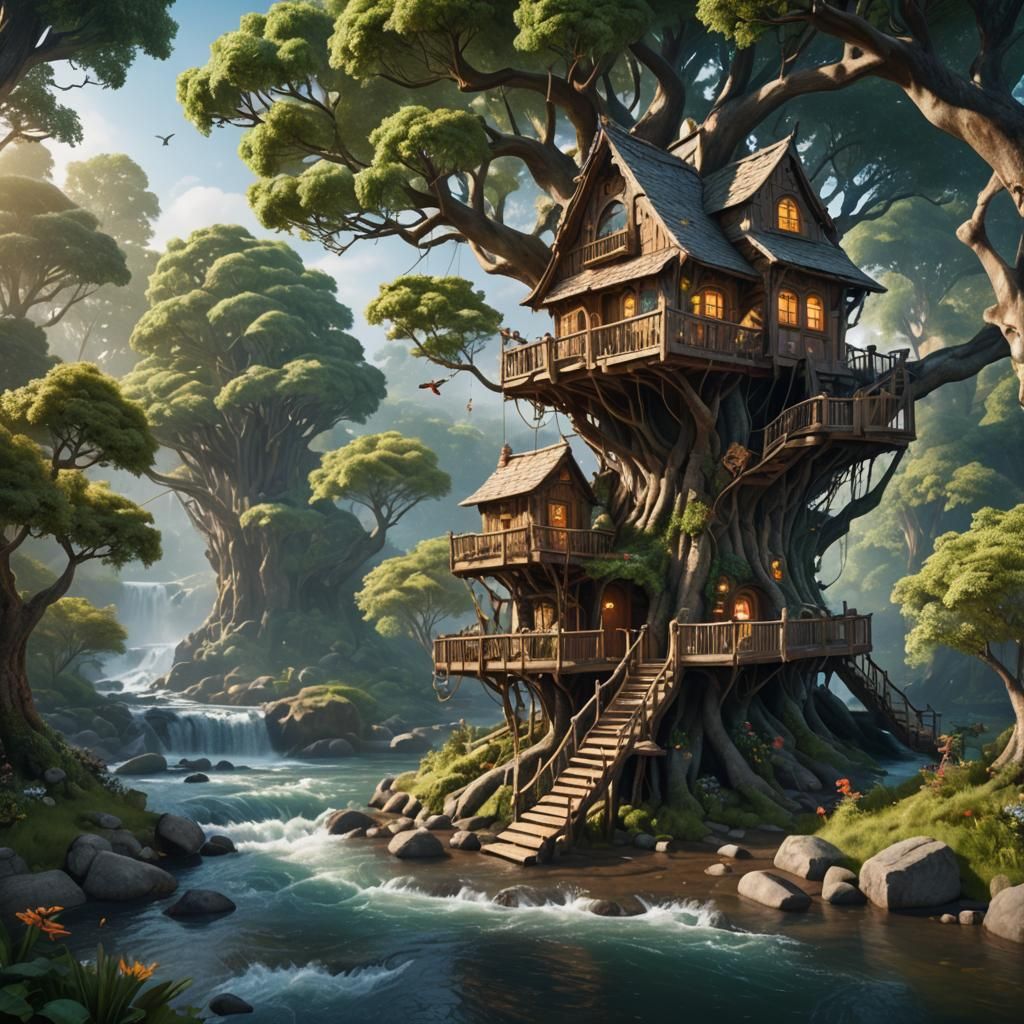 A treehouse next to a beautiful river flowing with fish insi...