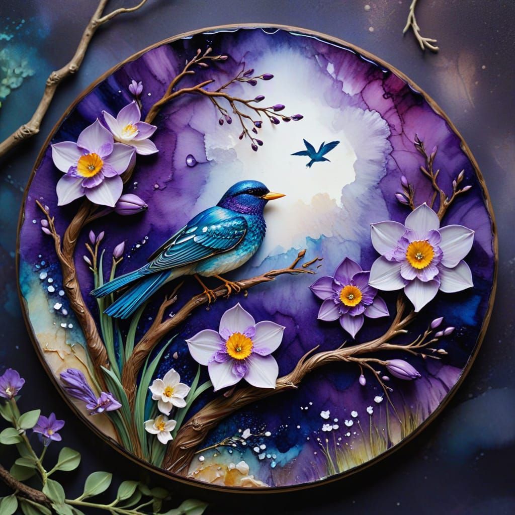  alcohol ink art blue and magenta tint, Circular design of clouds, purple-Narcissus flowers, and a tree with a bird sitting on a twisted bra...