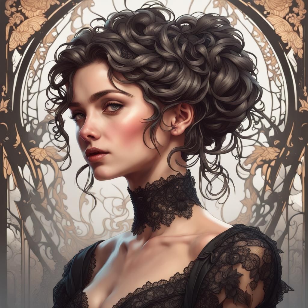 Art nouveau style young woman with messy updo, dressed in intricate black lace  by @Atlaxa