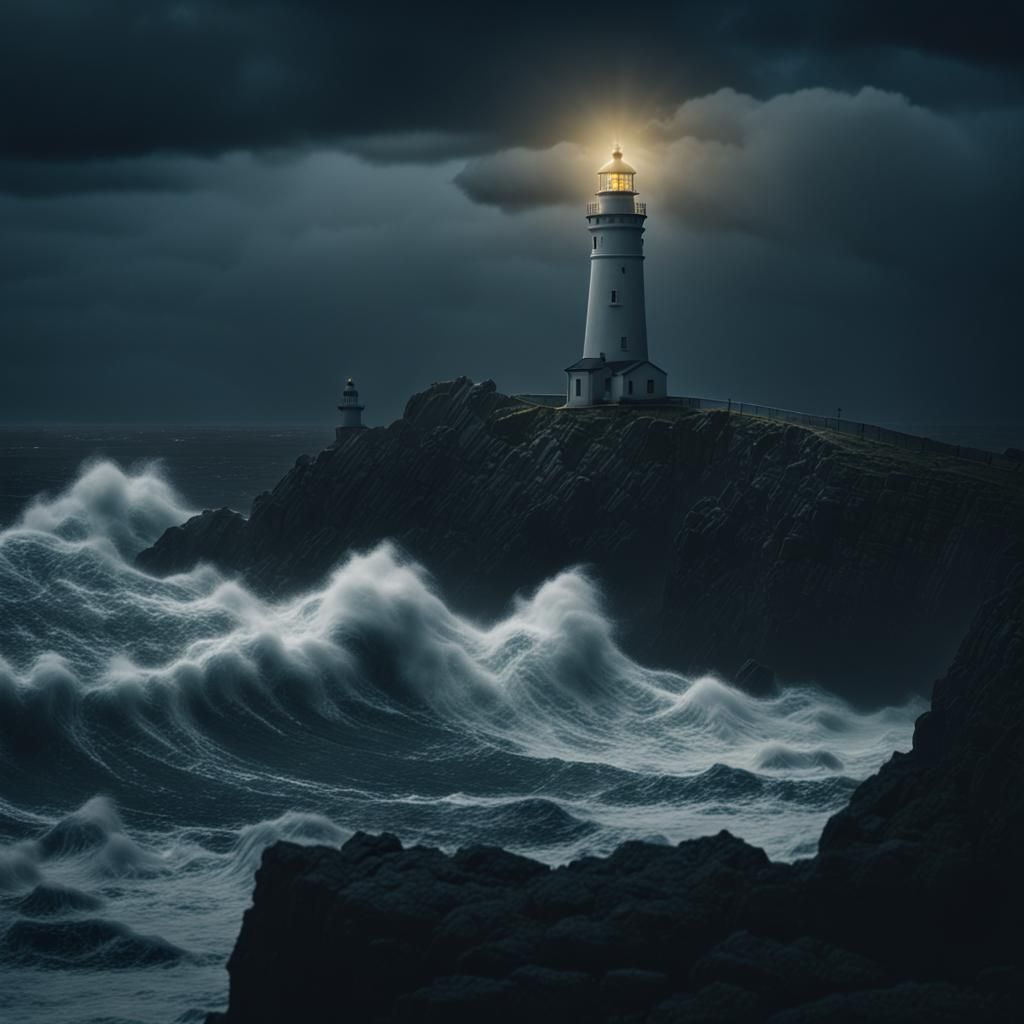 Dark landscape by the sea with lighthouse