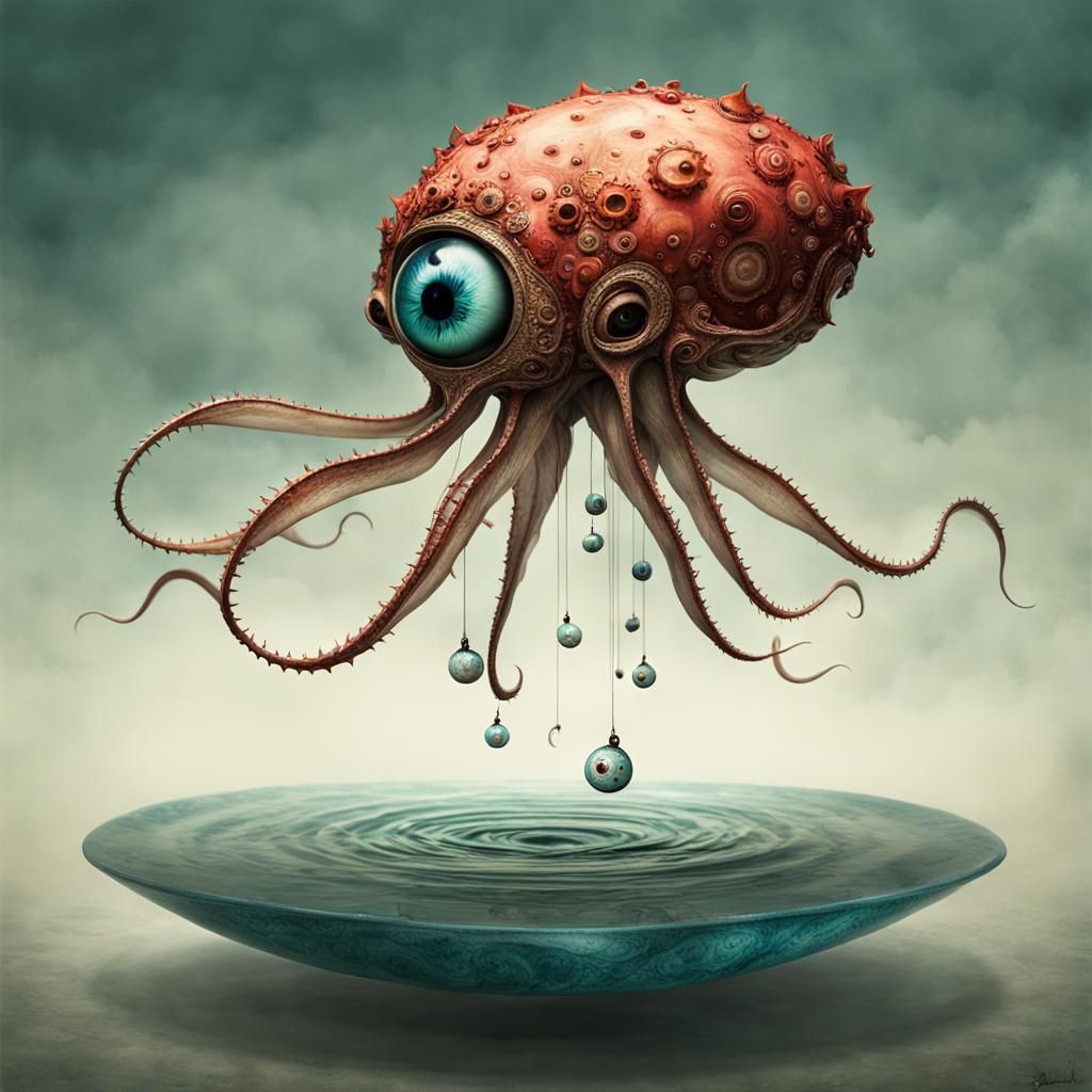 Adorable Flying Squid Creature in Digital Circlism Style
