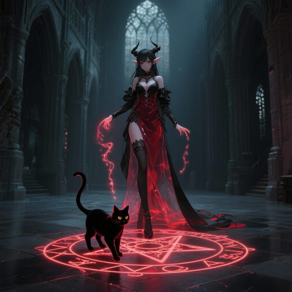 a beautiful gothic elven dark priestess in a semi-see-through red and black outfit summons a hyper-realistic neon glowing black cat from a s...
