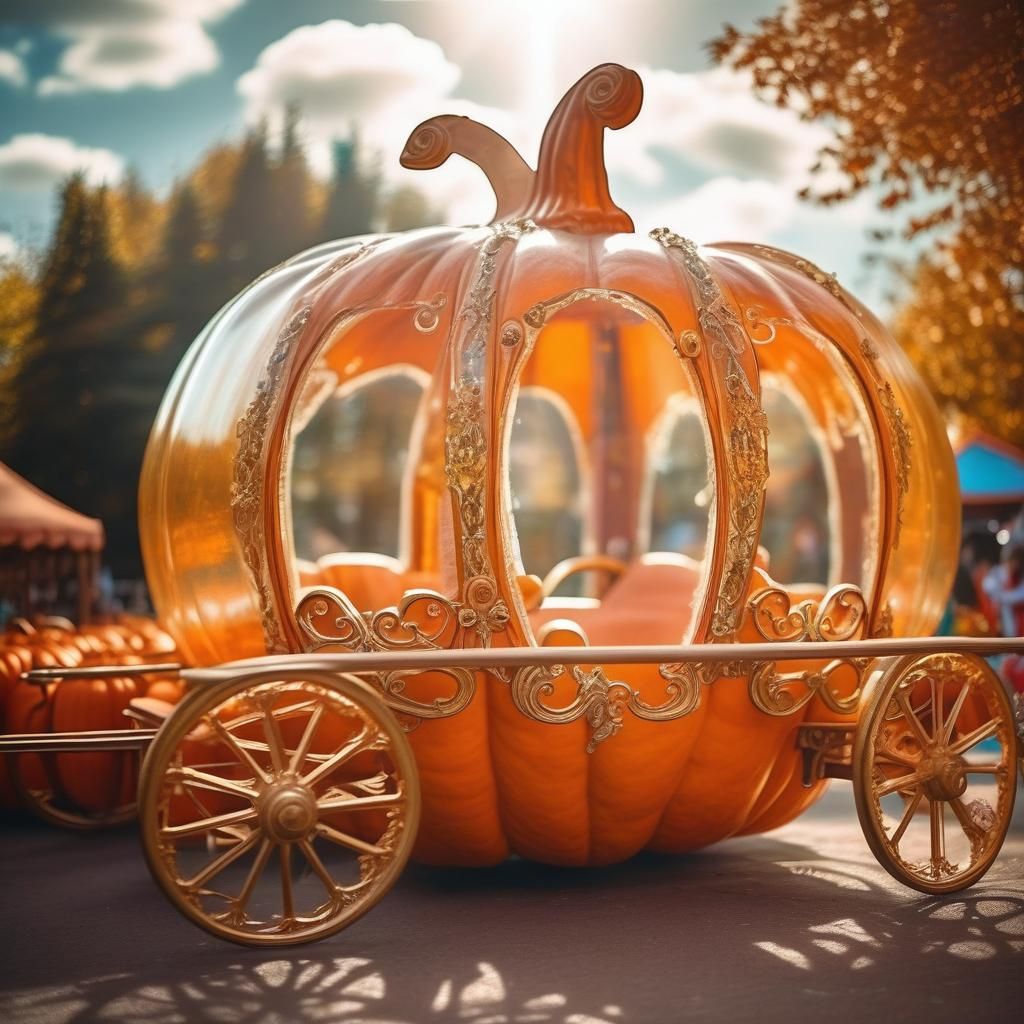 A glass horse-drawn carriage in the shape of a pumpkin in th...