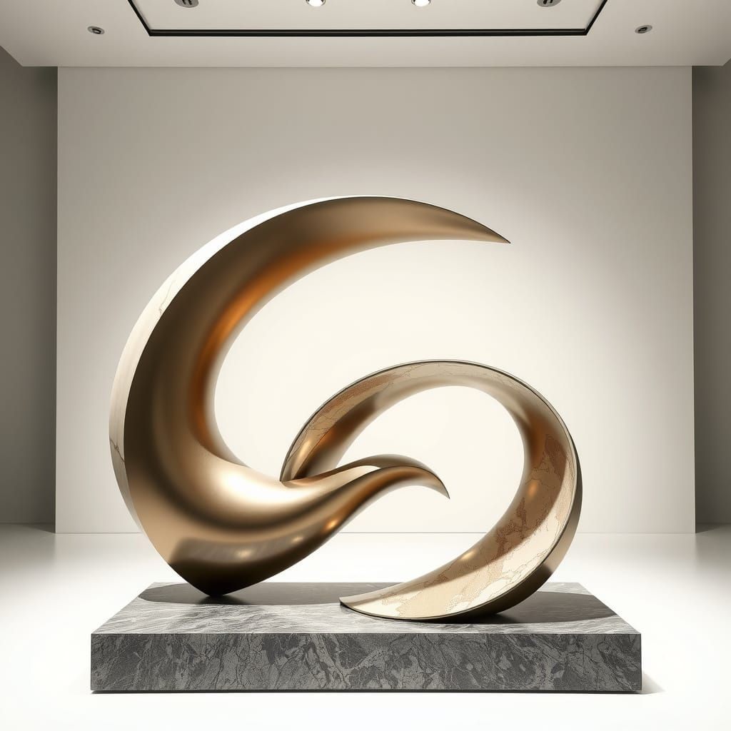 An elegant and modern abstract sculpture displayed in a minimalist gallery space, with smooth curves ...  by @Fausto Santos