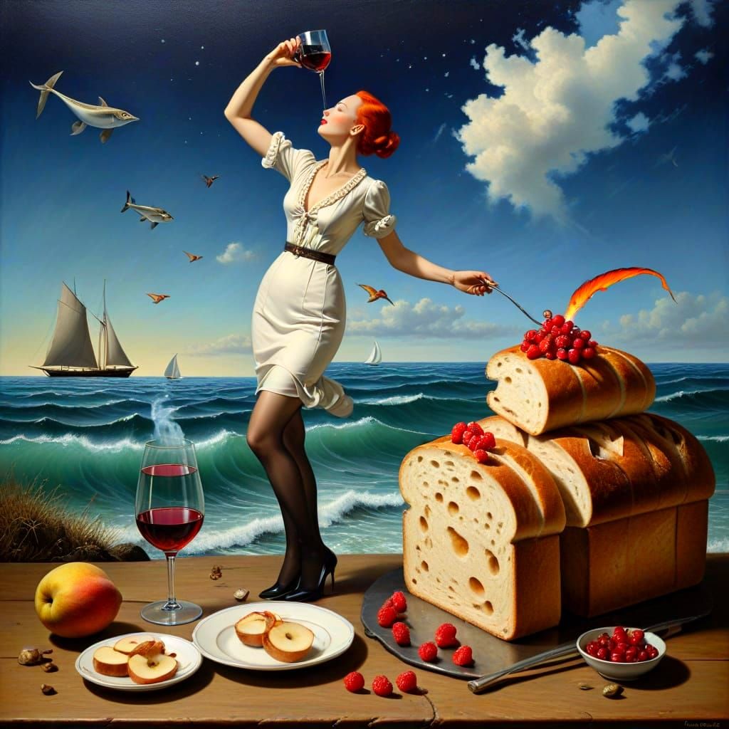 Surrealistic Portrait of a Happy Lady in Extravagant Attire