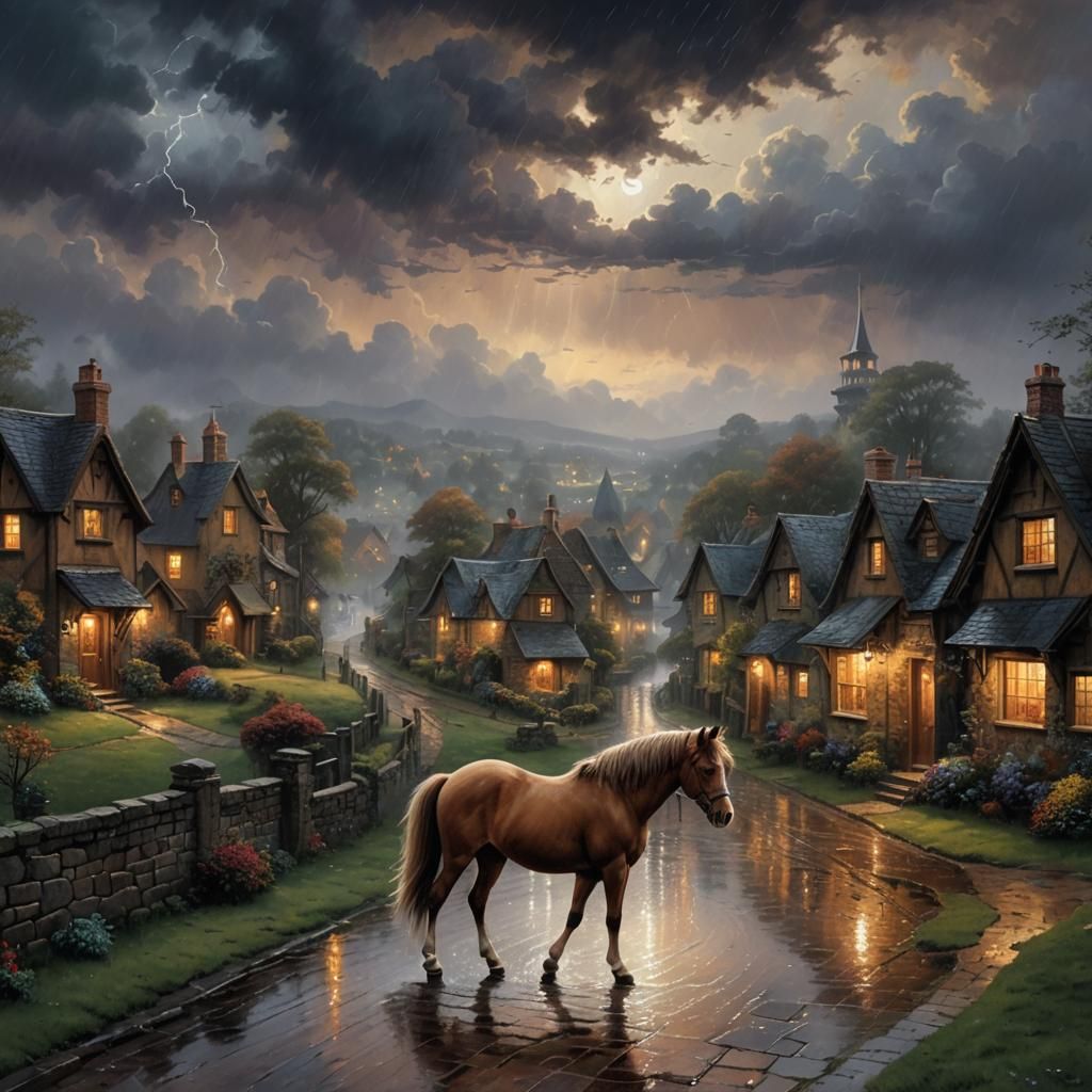 1 brown small pony bare back
 dark rainy village
night
No li...