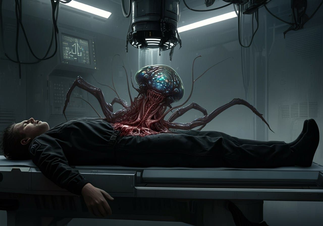 An eerie visualization of a sci-fi scene where an extraterre...