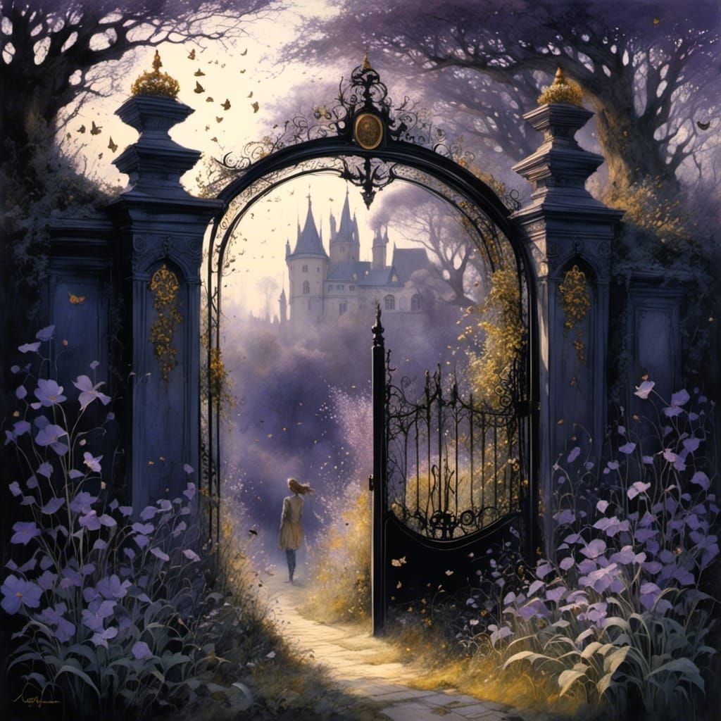 Garden gate into the enchanted garden in the violet evening light, by ...