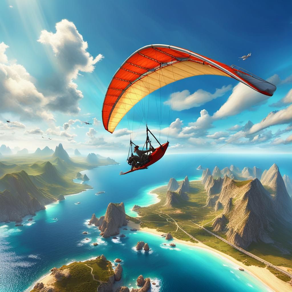 Singer flies on a hang glider over the azure sea
