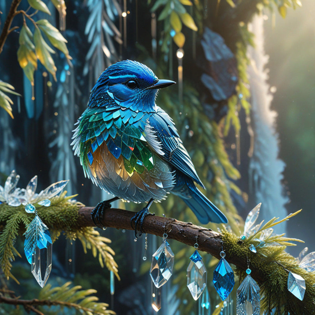 cute bluebird made of crystals perched on a tree, next to sparkling waterfall  by @SlothAI