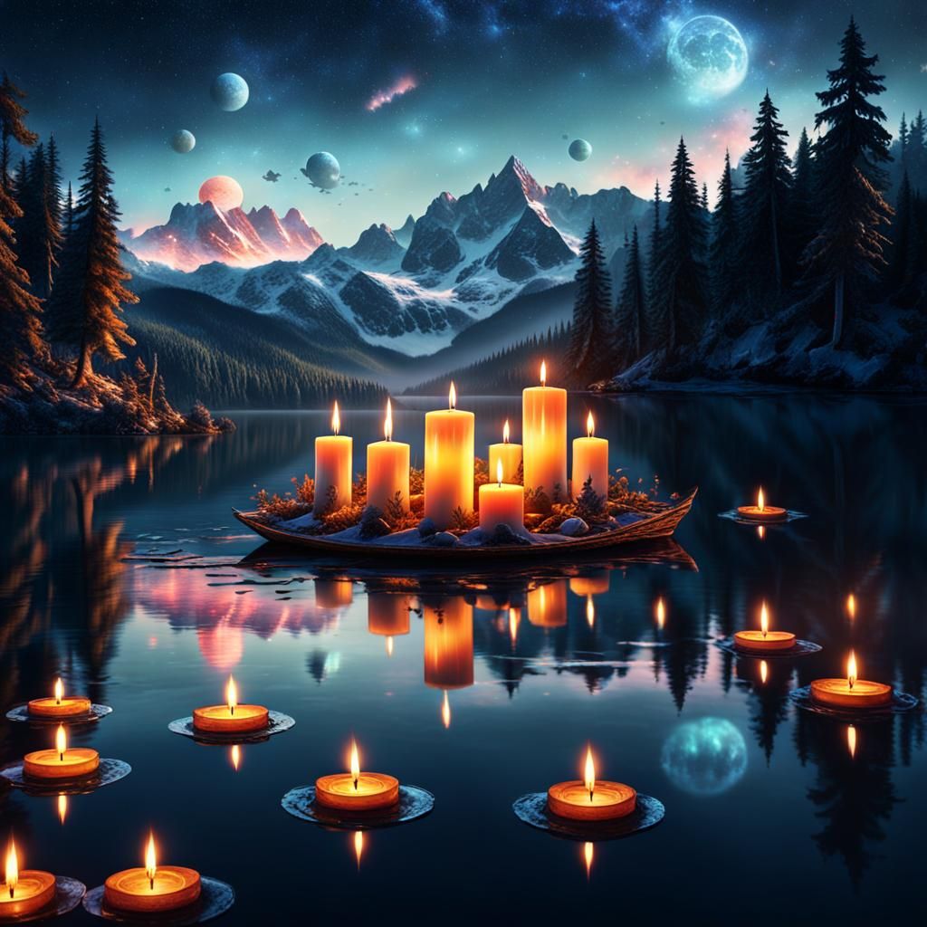 Candlelit scene on a lake. Animated.