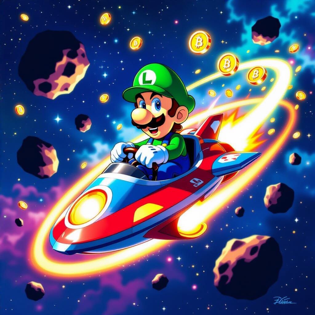  Masterpiece portrait of Nintendo character Luigi flying through the Battlerock galaxy on a Warp Star, collecting coins. Asteroids and space...