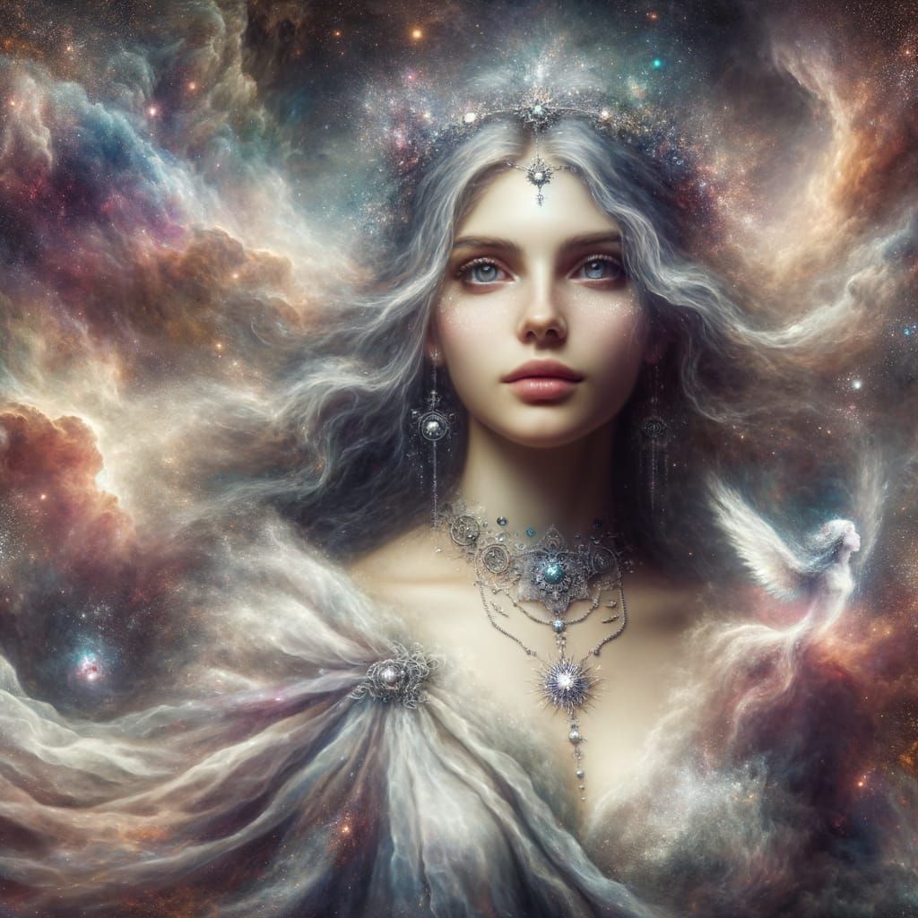 picture a portrait of an ethereal goddess emerging from a swirling nebula, her hair flowing like stardust ...  by @Jose