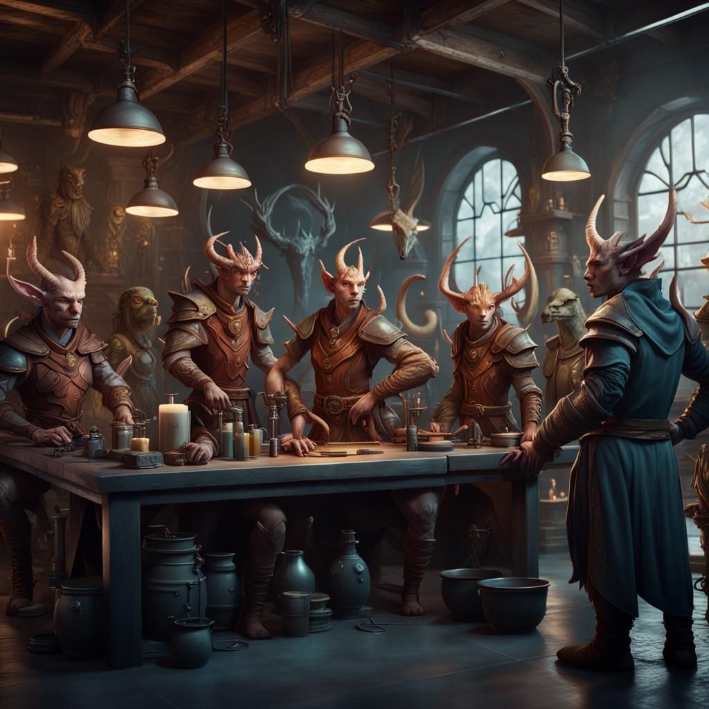 Group shot of 9 different fantasy characters in a science la...