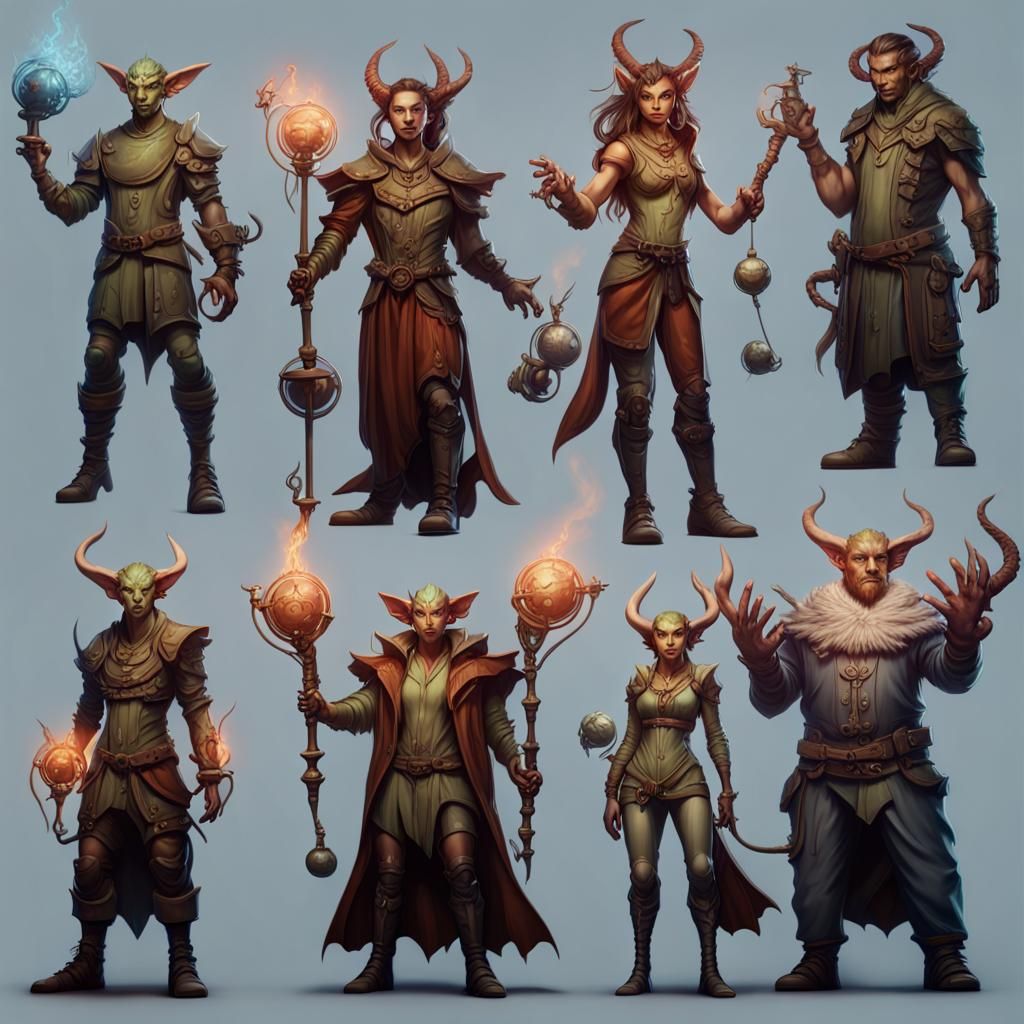 Group shot of 9 different fantasy characters in a science la...