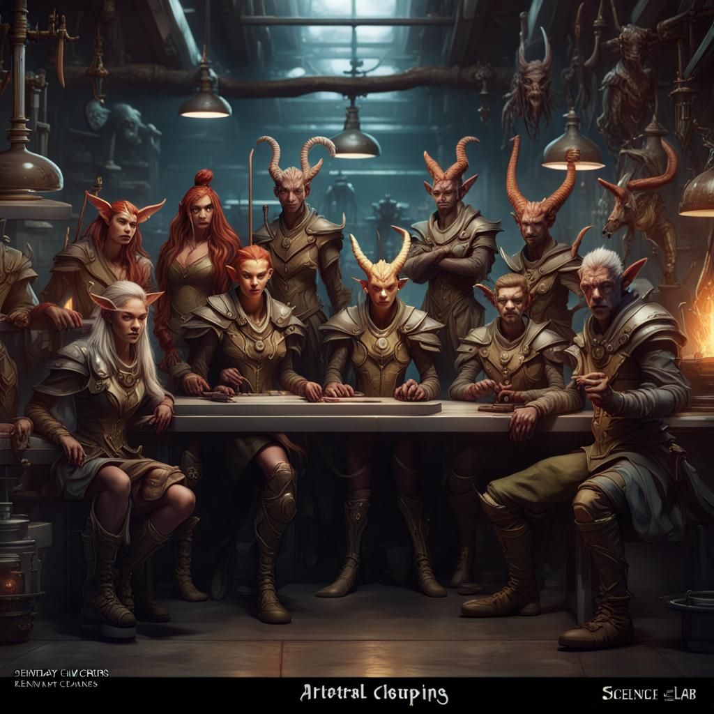 Group shot of 9 different fantasy characters in a science la...