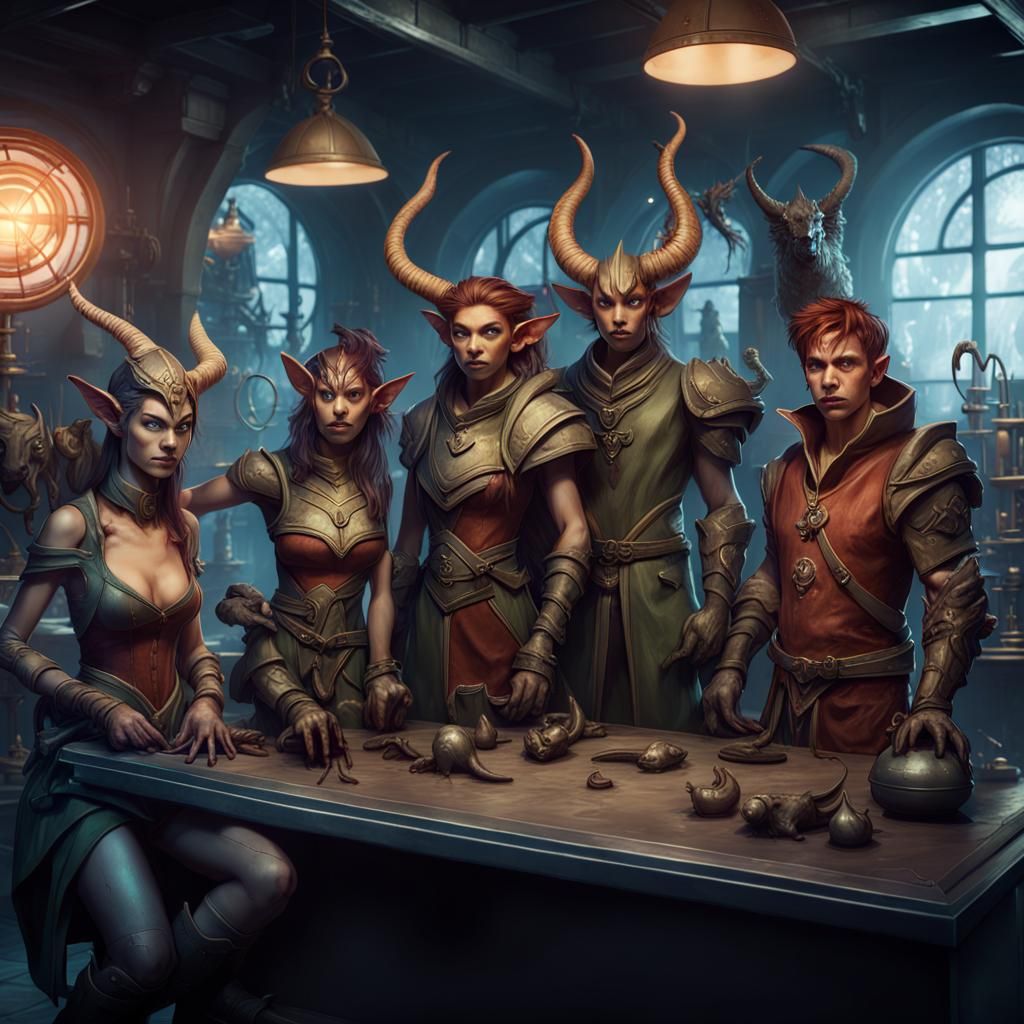 Group shot of 9 different fantasy characters in a science la...