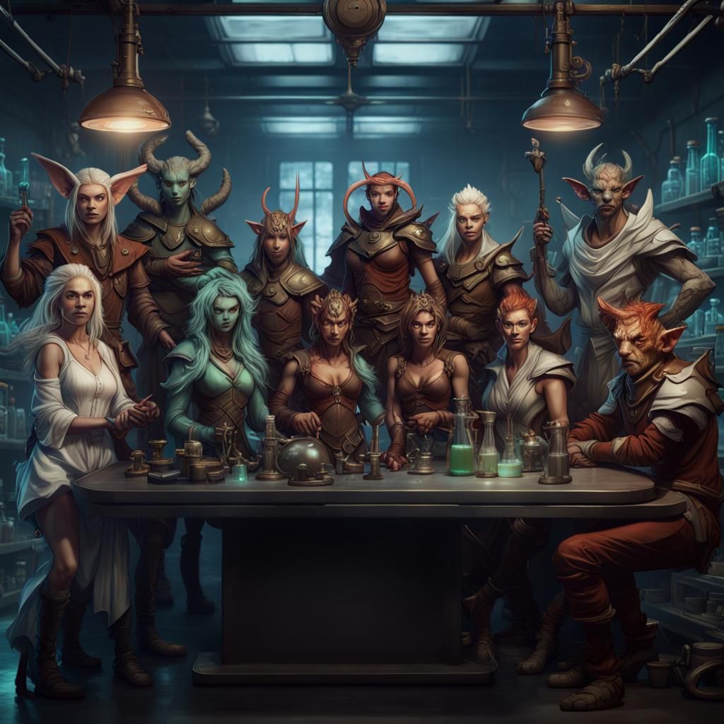 Group shot of 9 different fantasy characters in a science la...