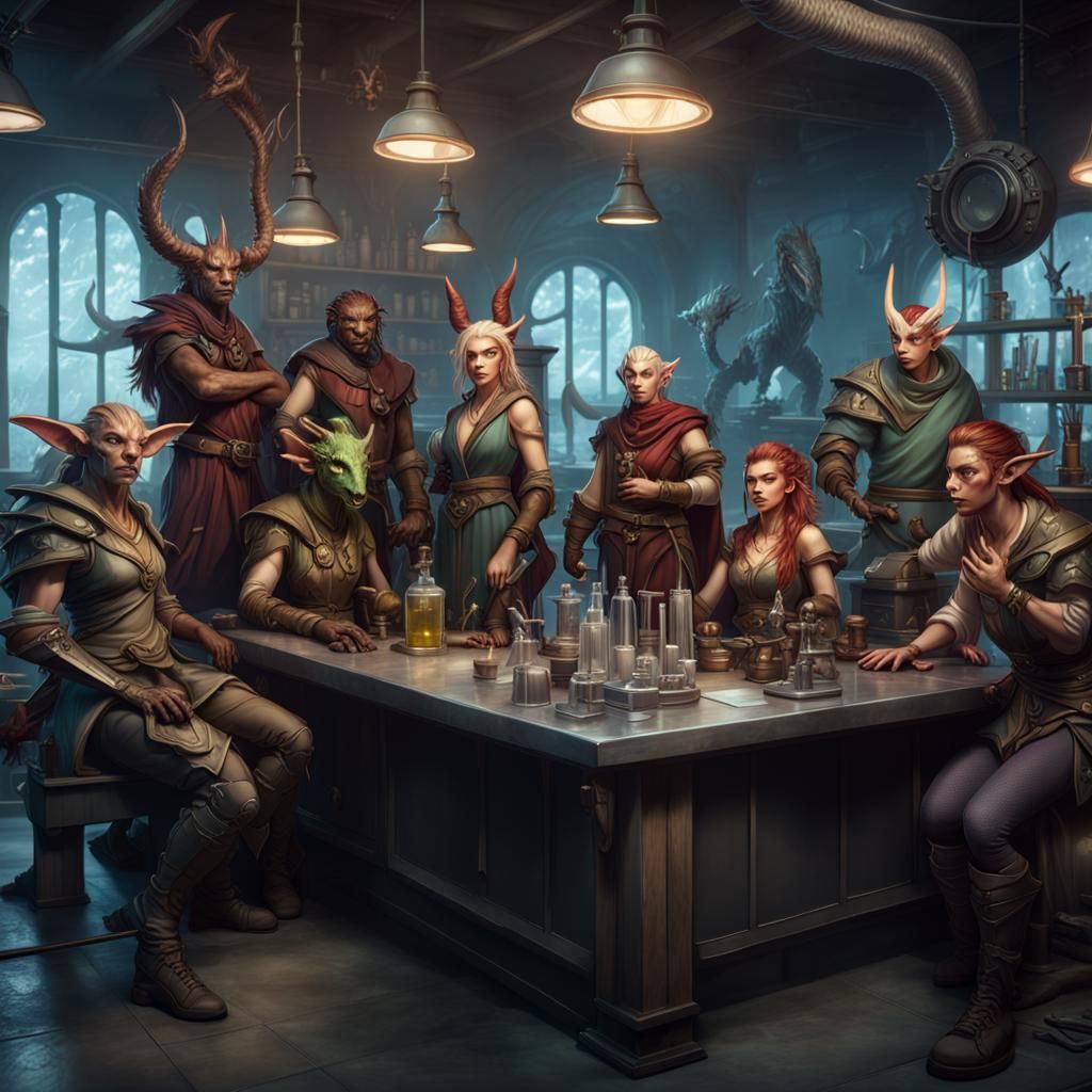 Group shot of 9 different fantasy characters in a science la...