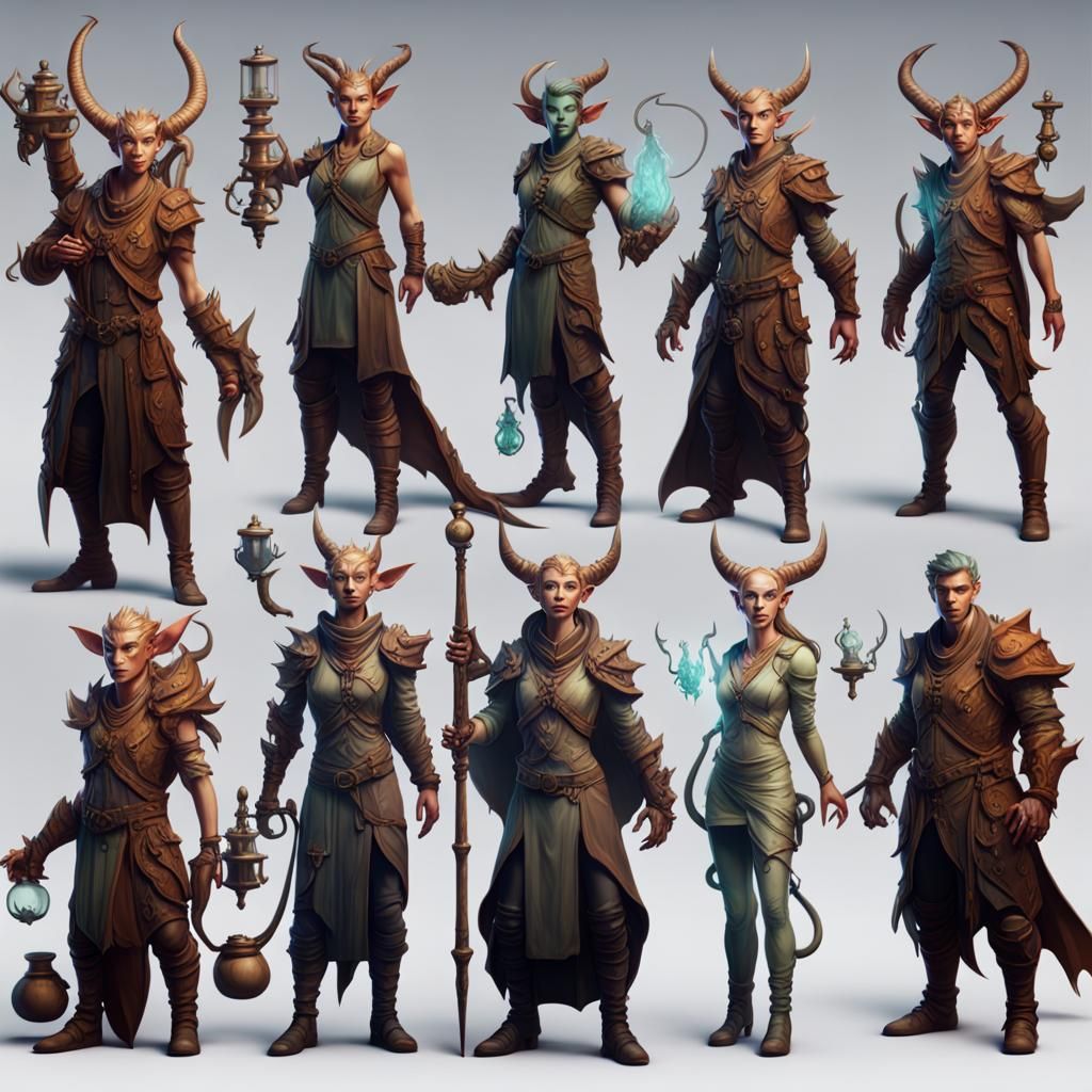 Group shot of 9 different fantasy characters in a science la...