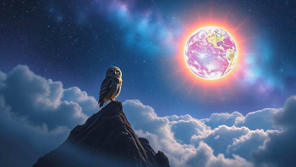 Nighttime Iridescent scintillating glowing Globe, Owl, Cloud...