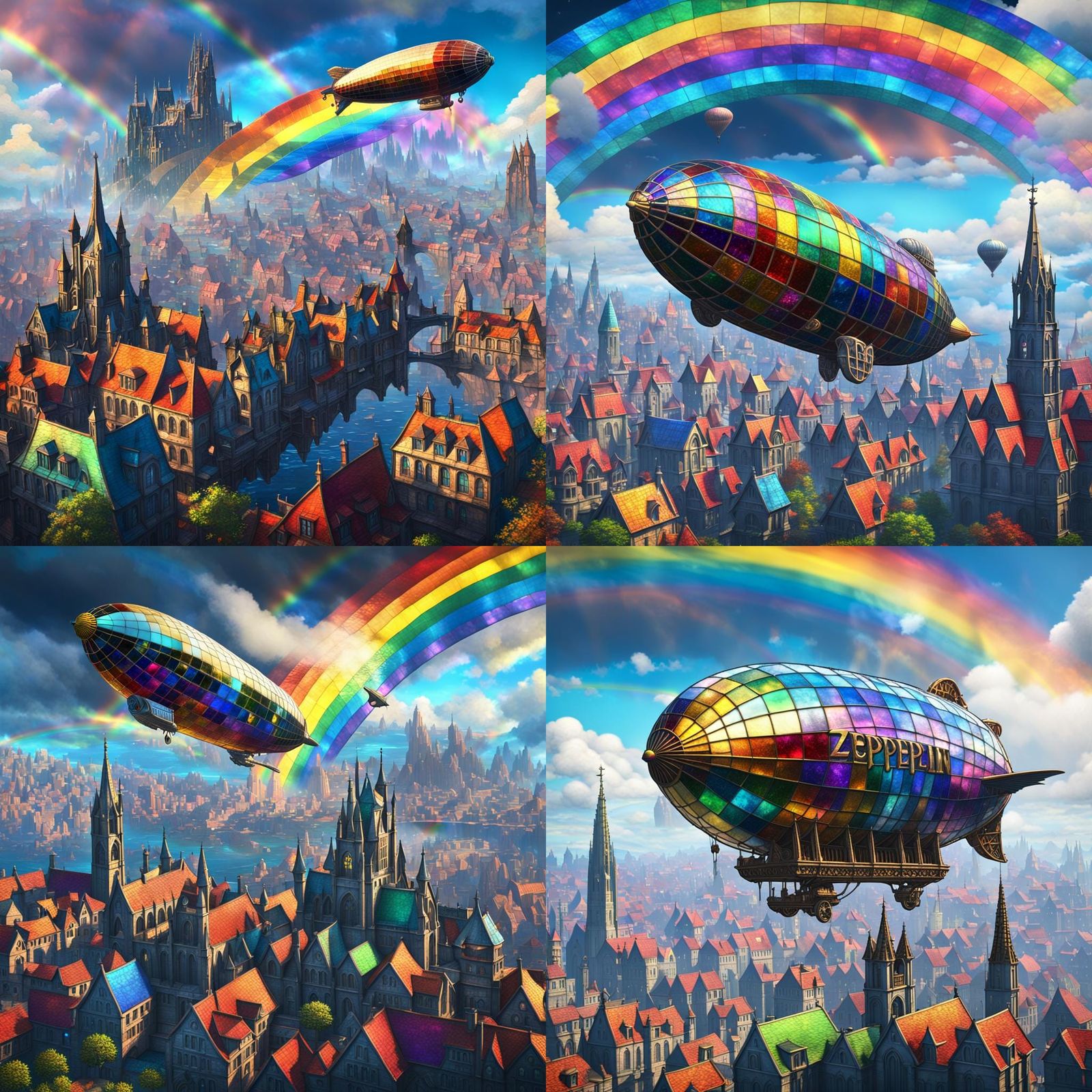 Bright Stained glass Zeppelin flying over a Gothic city casting a rainbow AI Generated Artwork