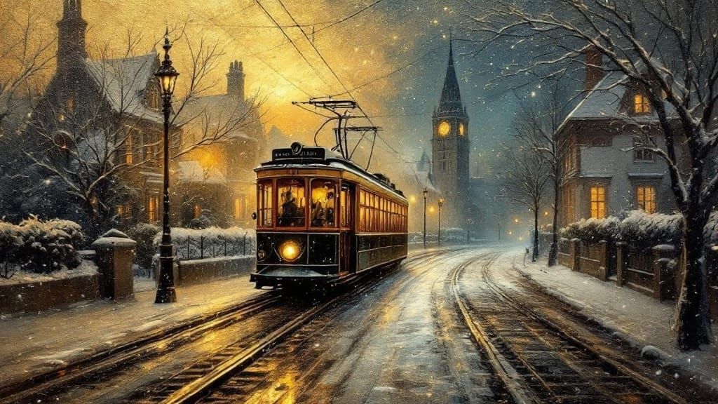 Golden silver hue Oil painting, grunge texture, horror scene, a tram going through a snow covered Victorian ...  by @AutumnBear
