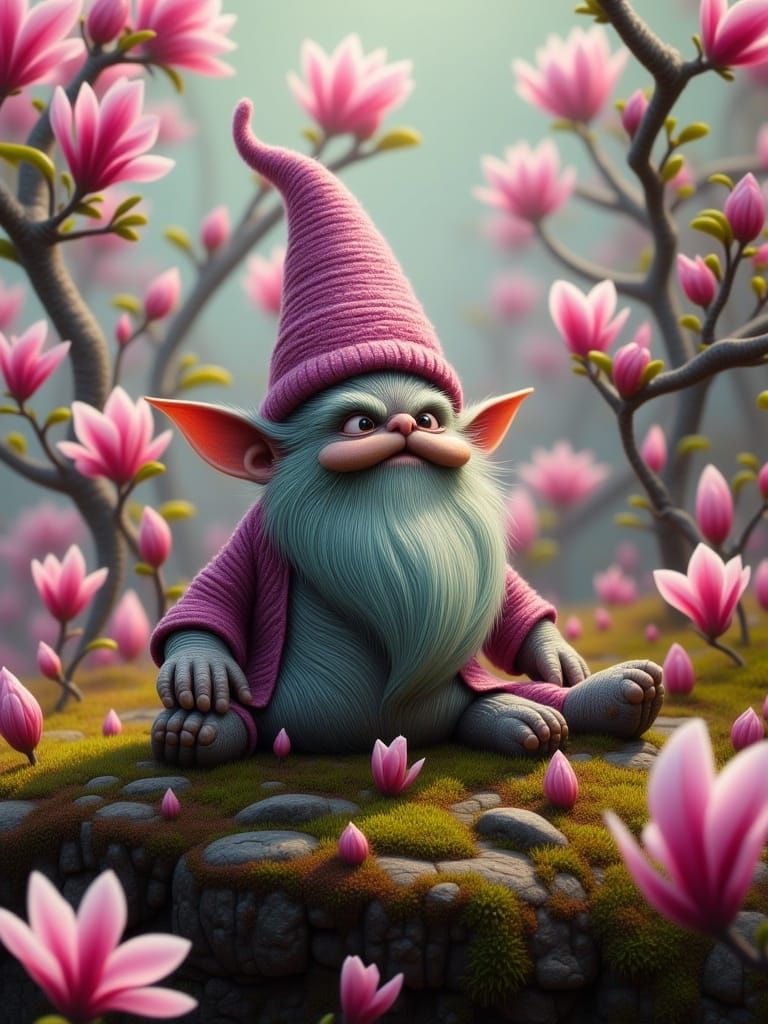 A grumpy gnome sitting under a magnolia blossom, detailed, cinematic fantasy <lora:Whimsical alien Flux:1.0> 