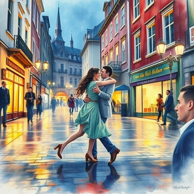 Romantic Waltz in the Rain: Watercolor Painting A vibrant wa...