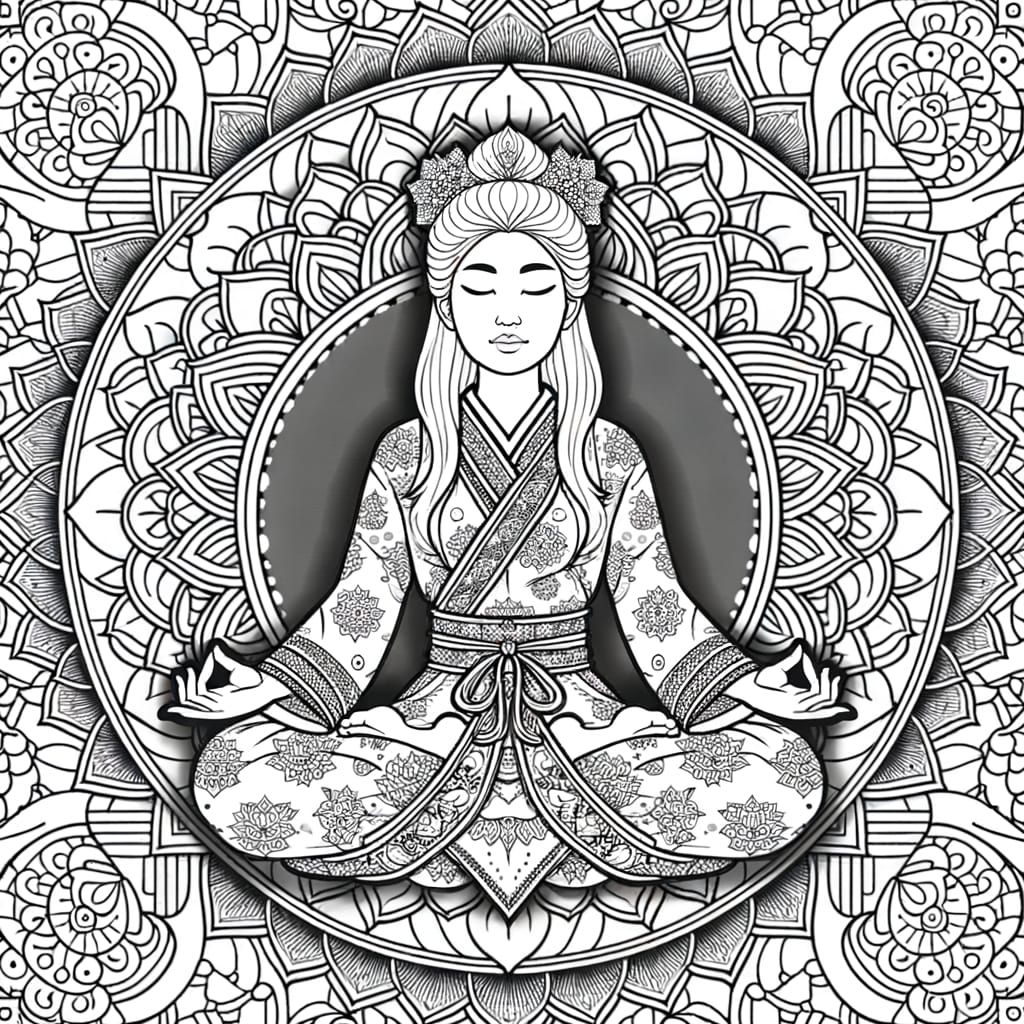 line art of a serene Asian woman meditating in lotus pose, surrounded by intricate mandala, adult coloring book page, clean outlines, no gra...
