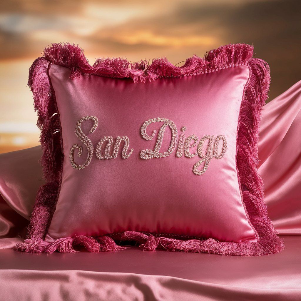 A pink satin pillow that says "San Diego", with fringe all a...