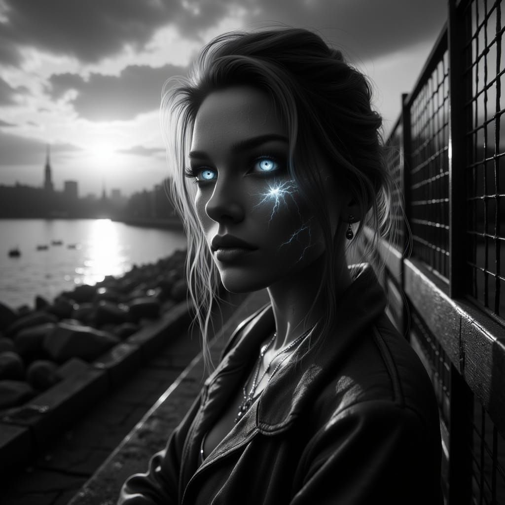 Woman Contemplating Sunset in Monochrome