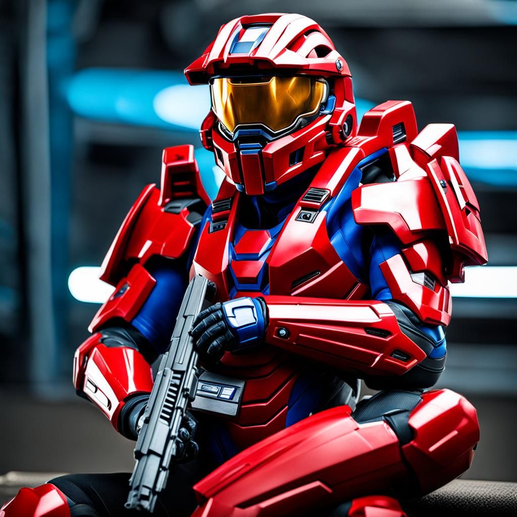 Halo red Spartan with a blue visor 
taking a break