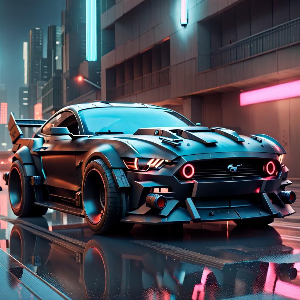 A black, (cyberpunk:1.3) car based on the (Mustang GT:1.3) with (heavy armor:1.3), (dual gatling guns mounted to the hood:1.5), and an (armo...