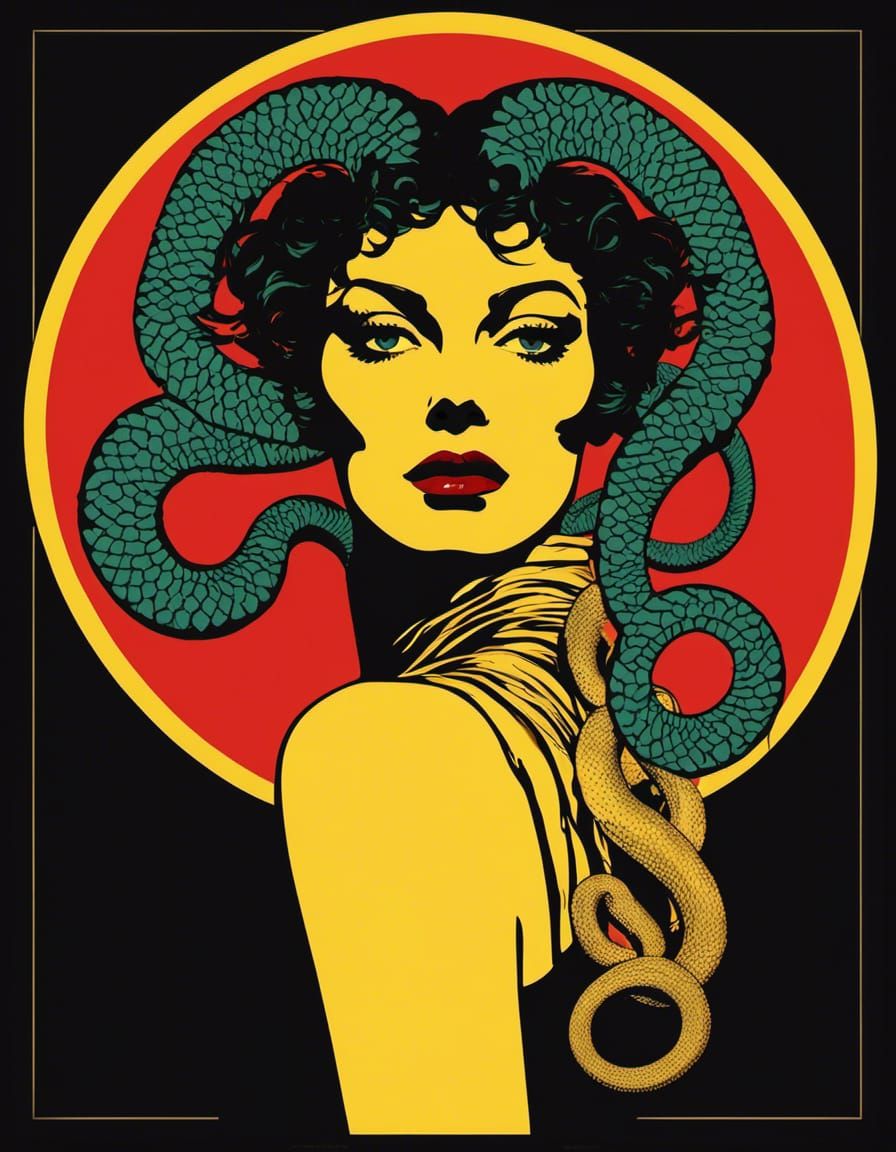 Medusa snake hair Woman snake hair altarpiece by Egon Schiele Andy Warhol portait collage golden