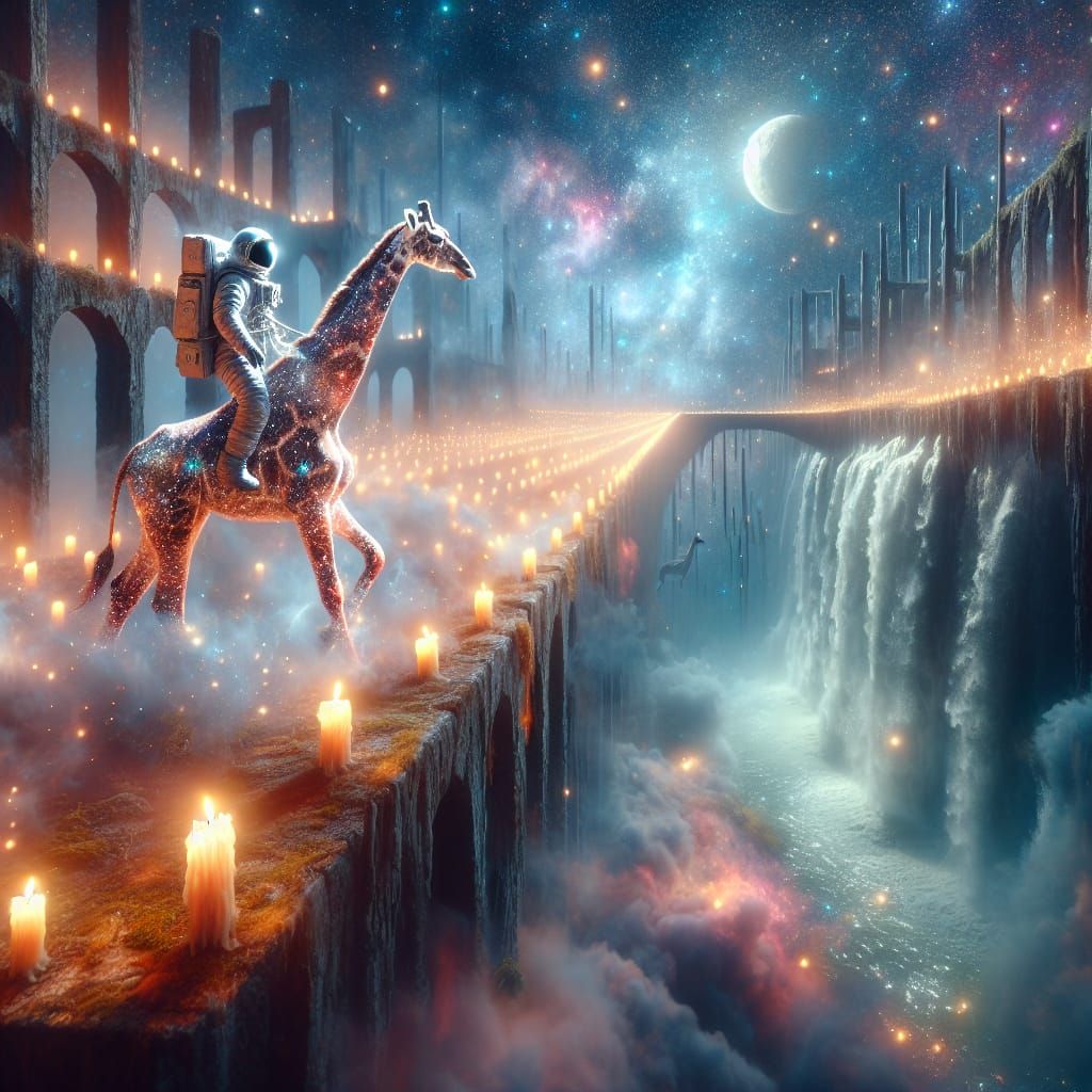 Dreamscape - Spaceman riding a Glistening giraffe.   by @Spaceman