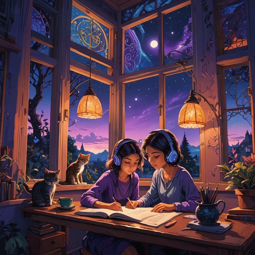 Lofi girl writing and studying on the table under a study lamp wearing  headphone beside a sidewise window at night, comet in the blue purple... -  AI Generated Artwork - NightCafe Creator