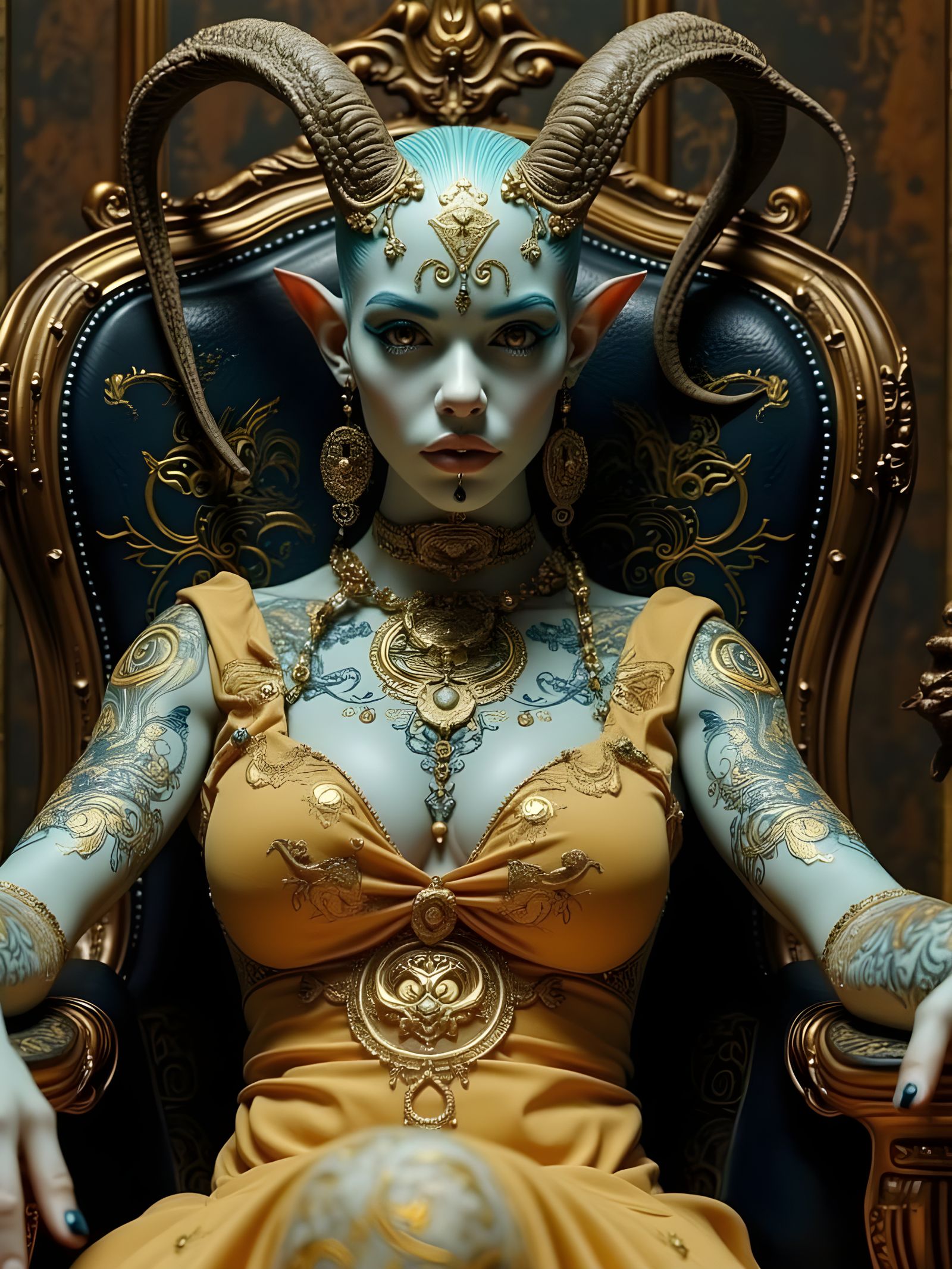 <lora:FantAlenD:1.0> A photo of a 55 year old female fantasy character with a unique mix of human and mythological features. She has pale sk...