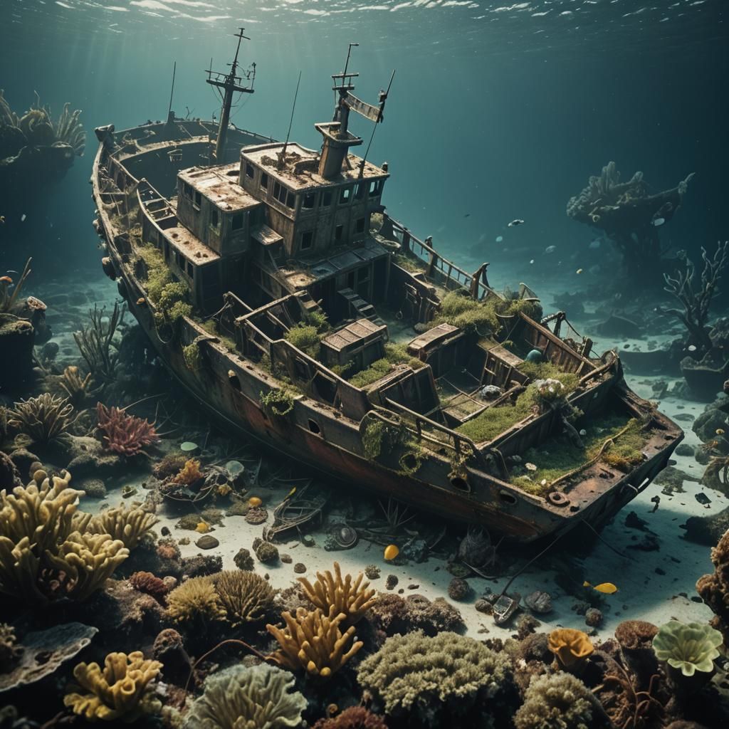 A broken ship at the bottom of the ocean. There are fish and aquatic plants around, and barnacles on ...  by @Looly
