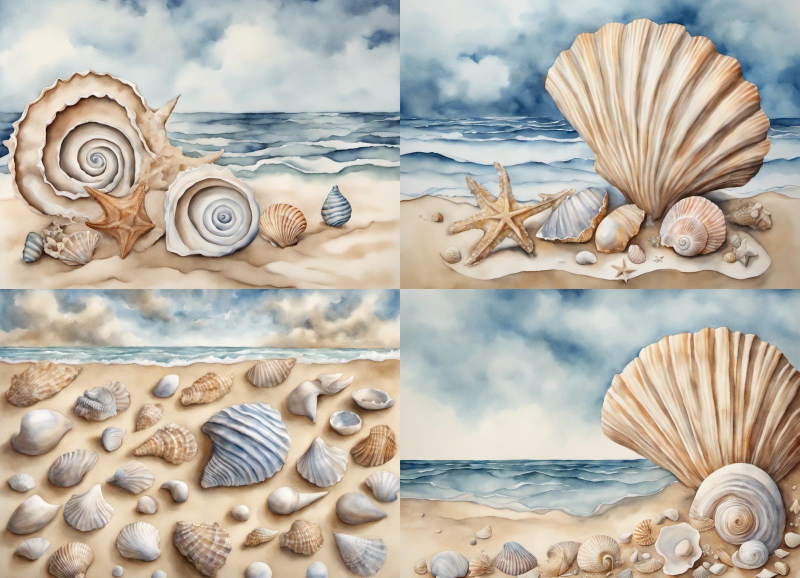 3D seashell print. sand. shells. ocean. sky. watercolor. surrealistic ...