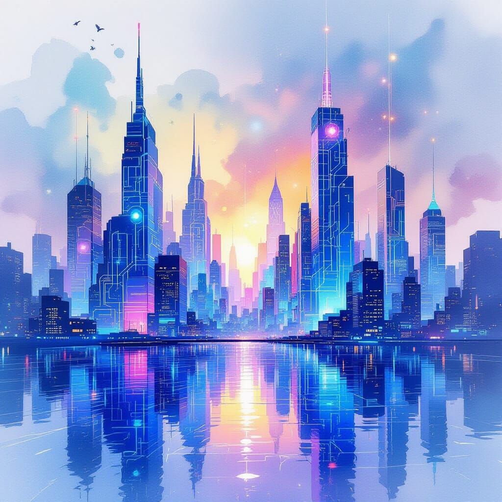 An abstract representation of a futuristic city skyline, where buildings are formed from interwoven circuits ...  by @MARIUS CHIVU