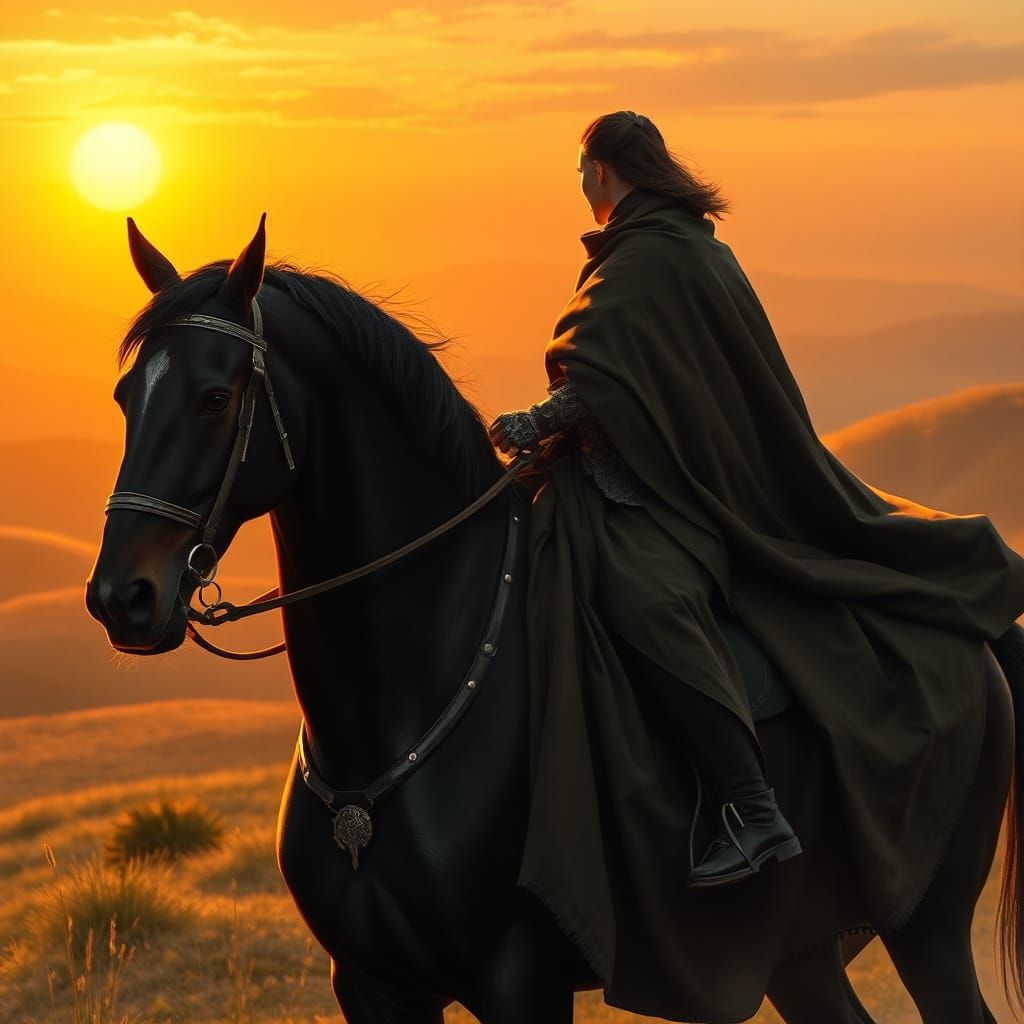 Equestrian Figure at Sunset in Dark Fantasy Style