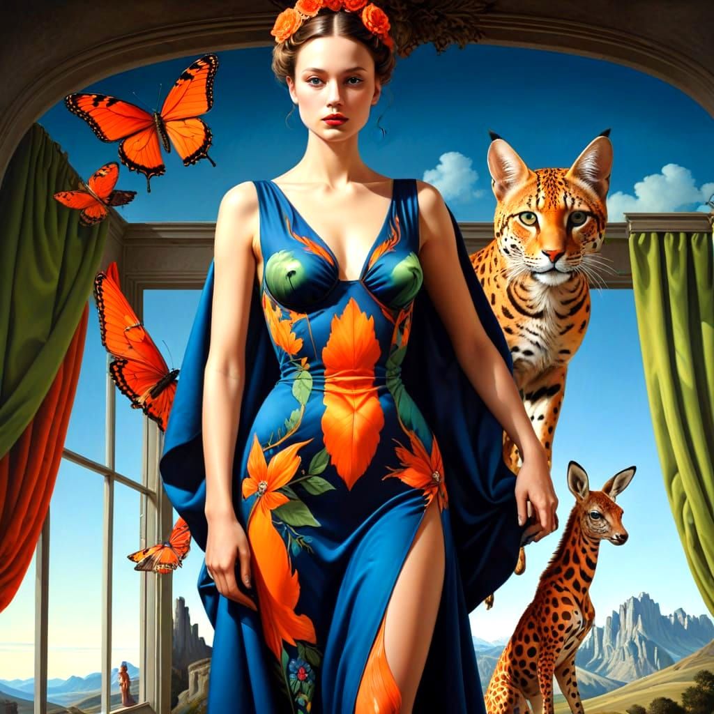Surrealistic Lady in Vibrant Landscape